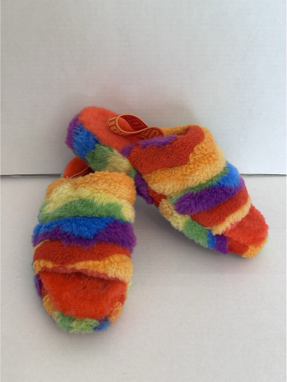 New UGG Fluff Yeah Slingback Slippers Women’s 10 Cali Collage Rainbow Cozy Fuzzy